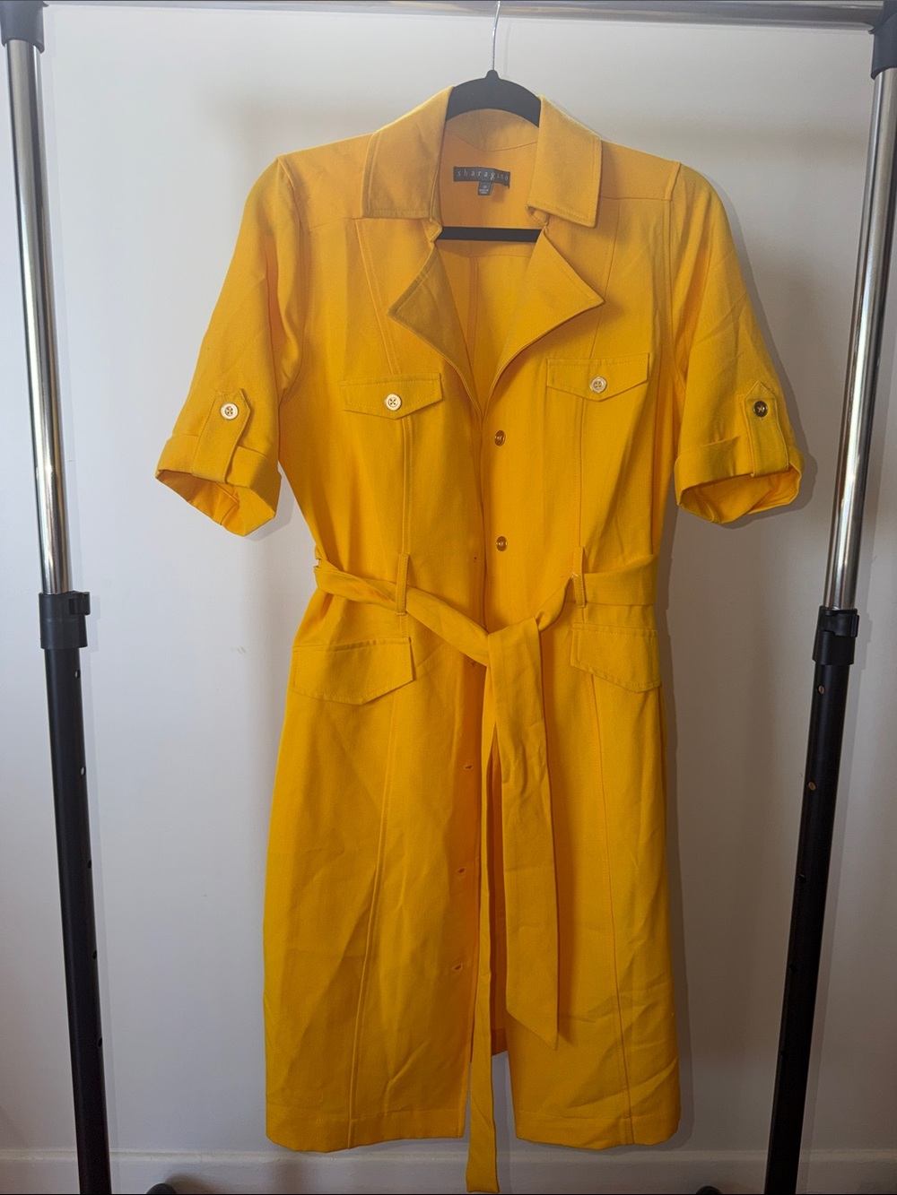 Sharagano Bright Yellow Belted Midi Shirt Dress